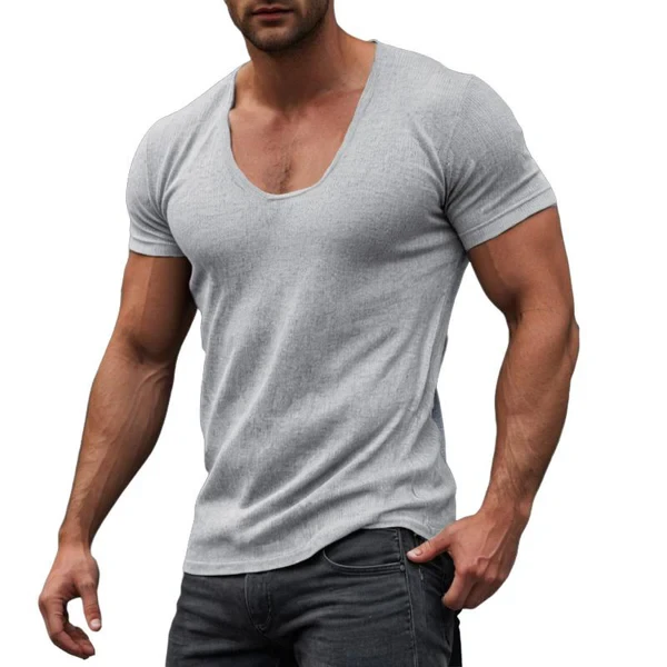 Camiseta ajustada de manga corta con cuello en U y color liso para hombre