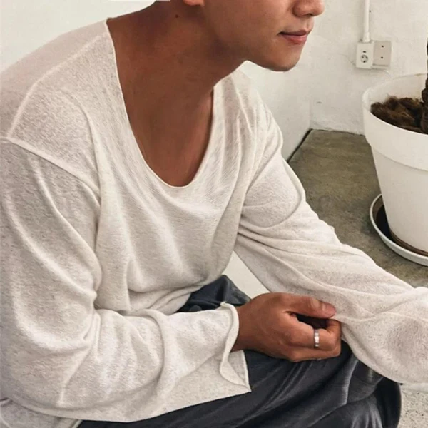 Camiseta informal de algodón mezclado con cuello redondo y manga larga holgada para hombre