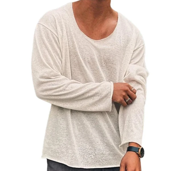Camiseta informal de algodón mezclado con cuello redondo y manga larga holgada para hombre