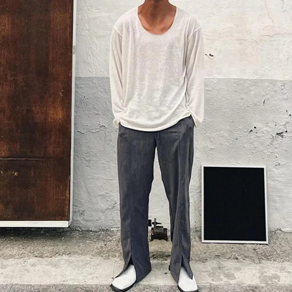 Camiseta informal de algodón mezclado con cuello redondo y manga larga holgada para hombre