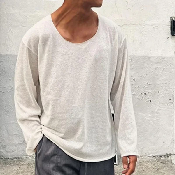 Camiseta informal de algodón mezclado con cuello redondo y manga larga holgada para hombre