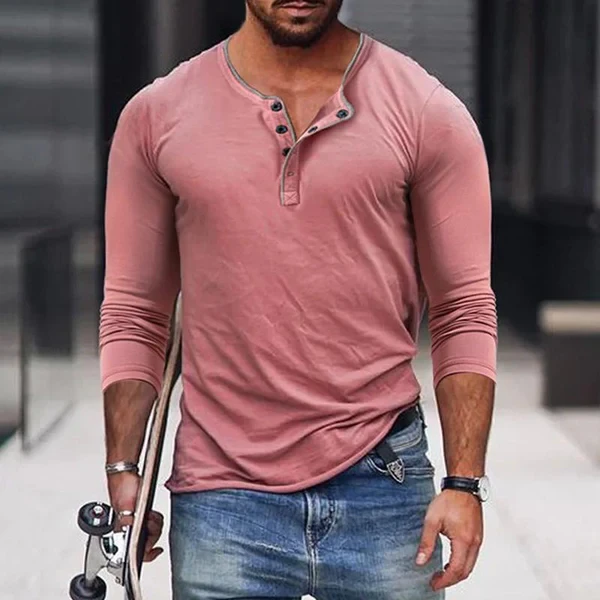 Camiseta informal de manga larga entallada con cuello henley y mezcla de algodón