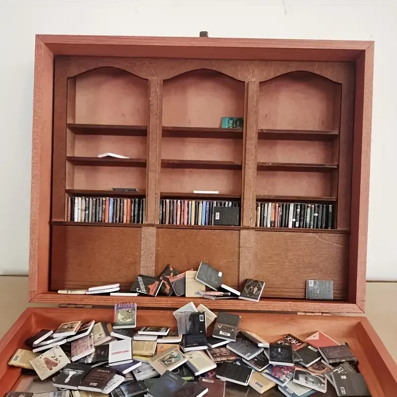 Estantería de madera en miniatura 3D con 100 minilibros - Decoración rústica Shaker