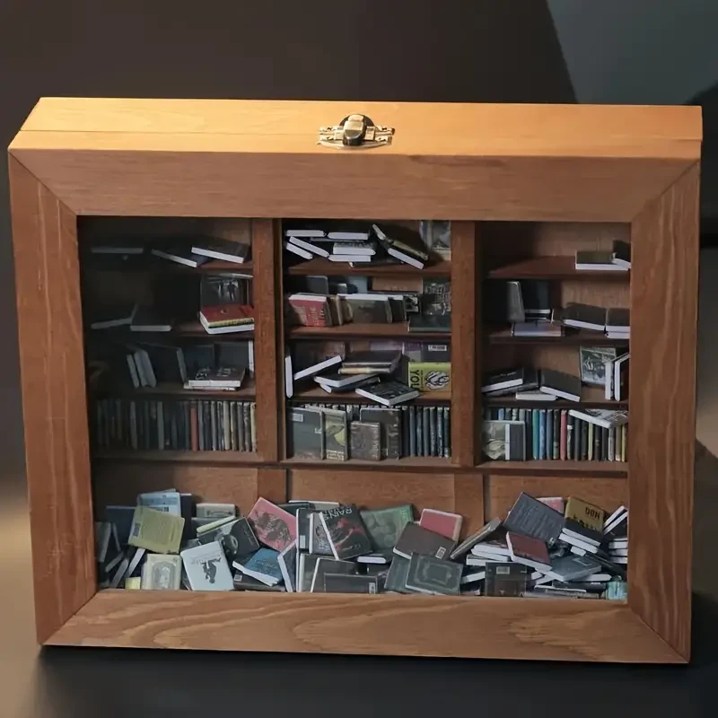 Estantería de madera en miniatura 3D con 100 minilibros - Decoración rústica Shaker