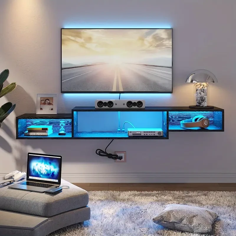 Soporte de TV flotante de pared con toma de corriente - Estante de entretenimiento de 59'' con luces LED