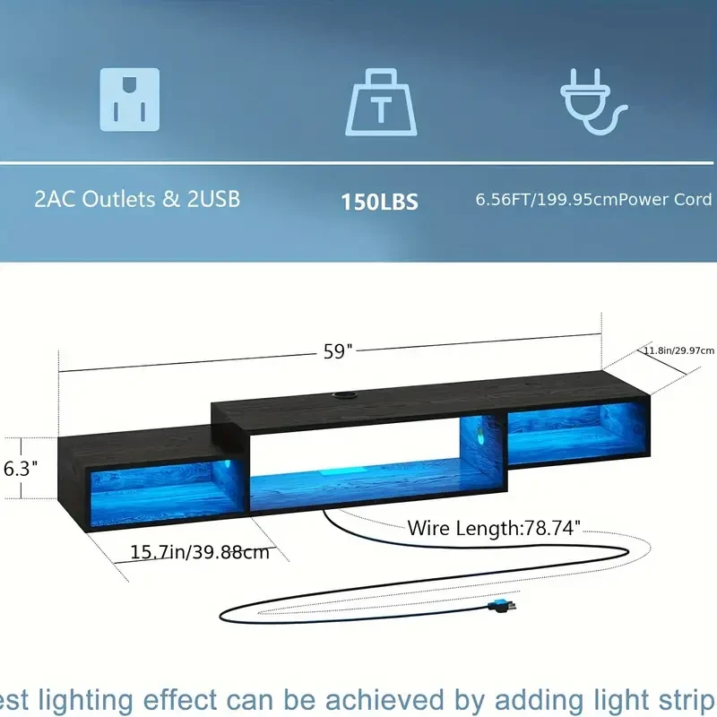 Soporte de TV flotante de pared con toma de corriente - Estante de entretenimiento de 59'' con luces LED