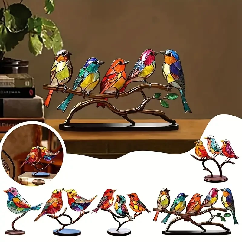 Adorno de rama de árbol de pájaro colorido de metal: escultura de colibrí realista para escritorio o dormitorio