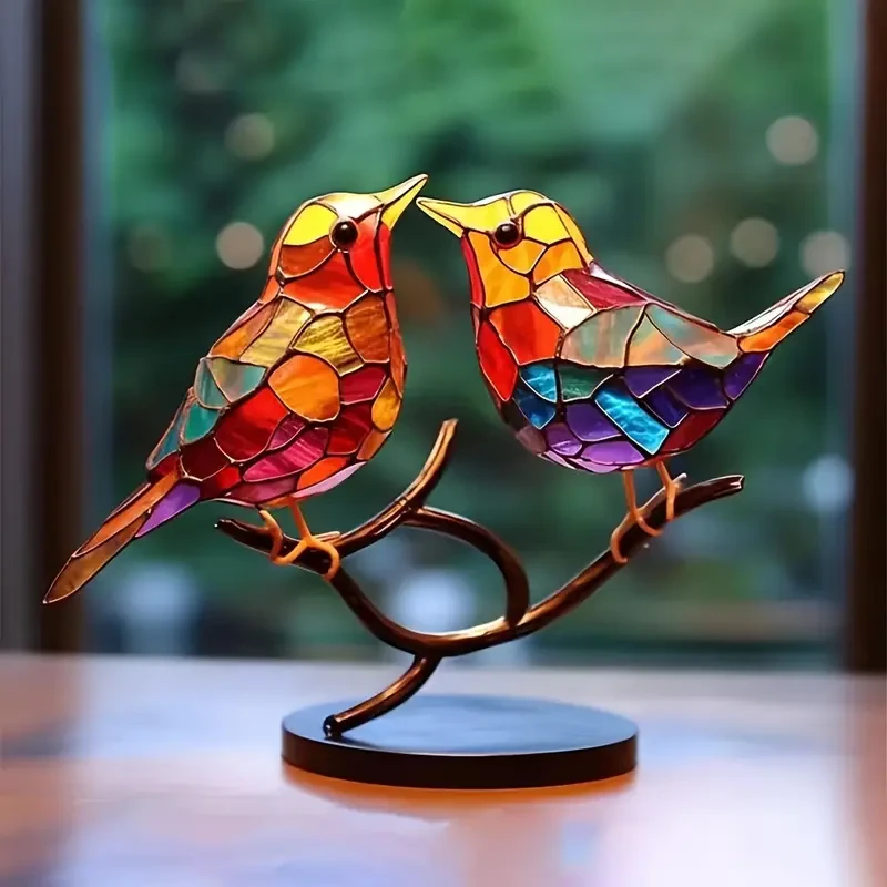 Adorno de rama de árbol de pájaro colorido de metal: escultura de colibrí realista para escritorio o dormitorio