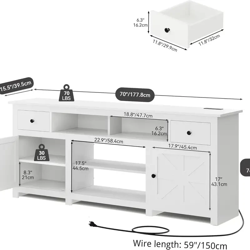 Mueble de TV estilo granja para televisores de hasta 80 pulgadas - Moderno centro de entretenimiento de 70 pulgadas con gabinetes y cajones de almacenamiento