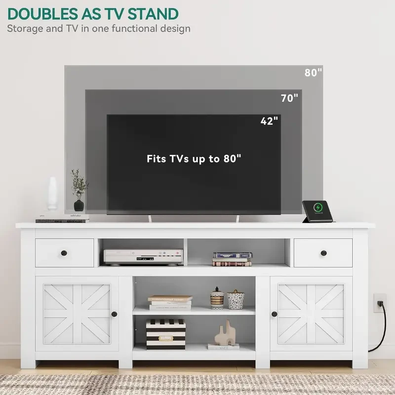 Mueble de TV estilo granja para televisores de hasta 80 pulgadas - Moderno centro de entretenimiento de 70 pulgadas con gabinetes y cajones de almacenamiento