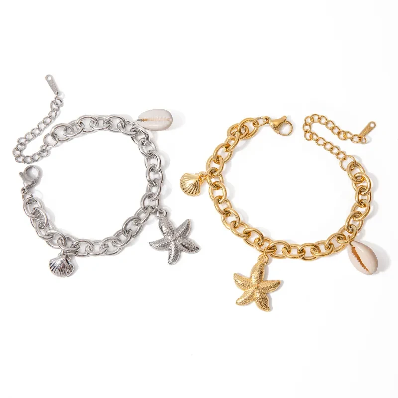 Pulsera de acero inoxidable con forma de estrella de mar y caracola