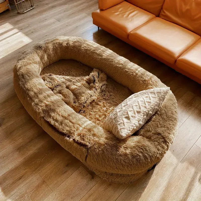 Cama para perros y humanos: cama ortopédica lavable de piel sintética para personas y mascotas, con almohada y manta mullidas.