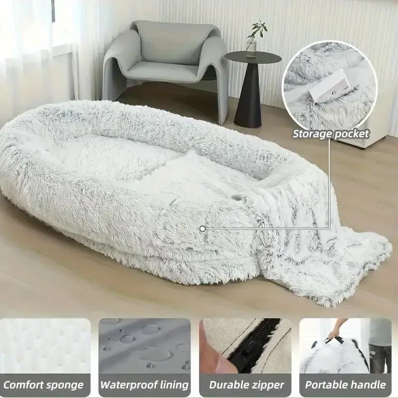 Cama para perros y humanos: cama ortopédica lavable de piel sintética para personas y mascotas, con almohada y manta mullidas.