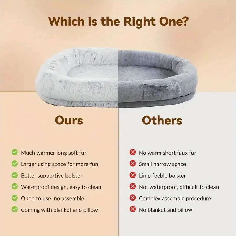 Cama para perros y humanos: cama ortopédica lavable de piel sintética para personas y mascotas, con almohada y manta mullidas.