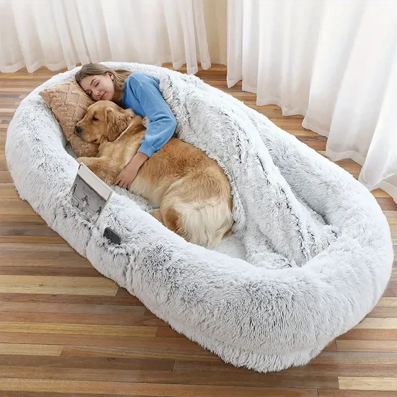 Cama para perros y humanos: cama ortopédica lavable de piel sintética para personas y mascotas, con almohada y manta mullidas.