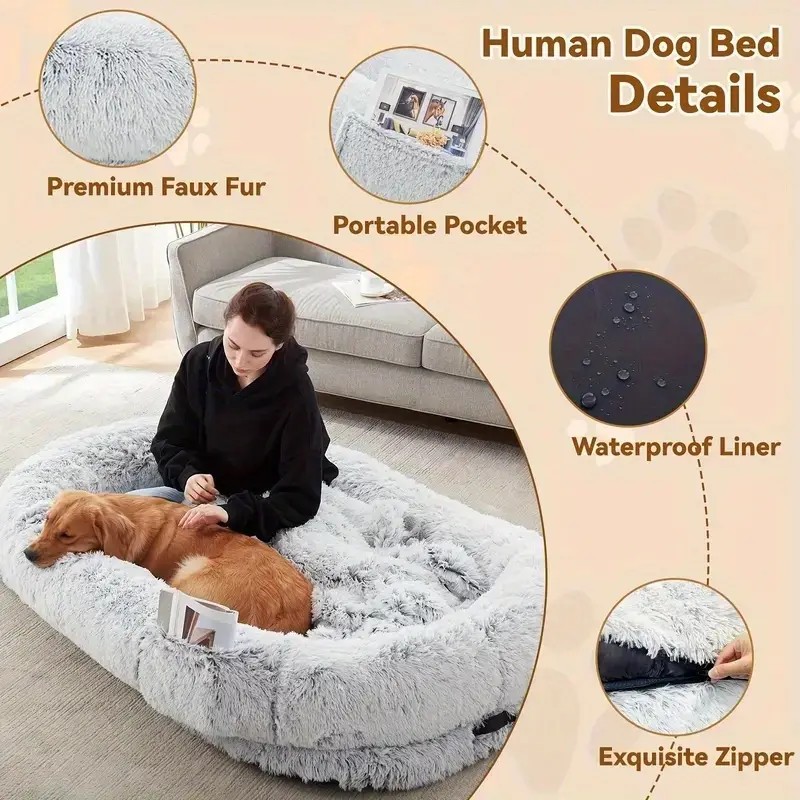 Cama para perros y humanos: cama ortopédica lavable de piel sintética para personas y mascotas, con almohada y manta mullidas.