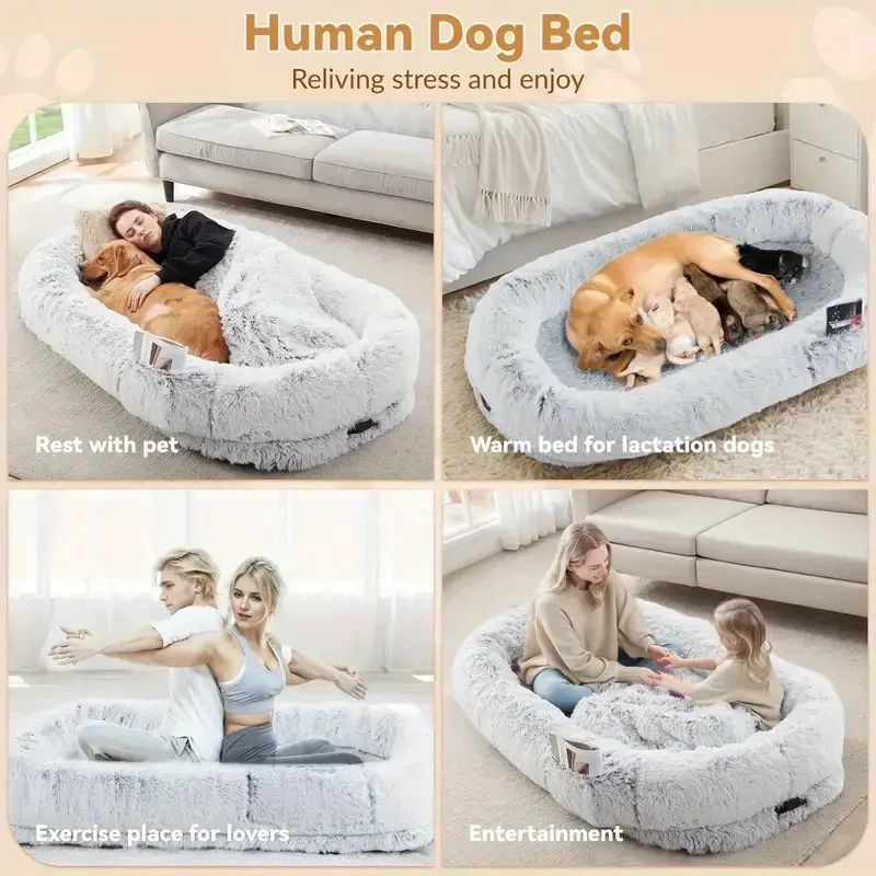 Cama para perros y humanos: cama ortopédica lavable de piel sintética para personas y mascotas, con almohada y manta mullidas.