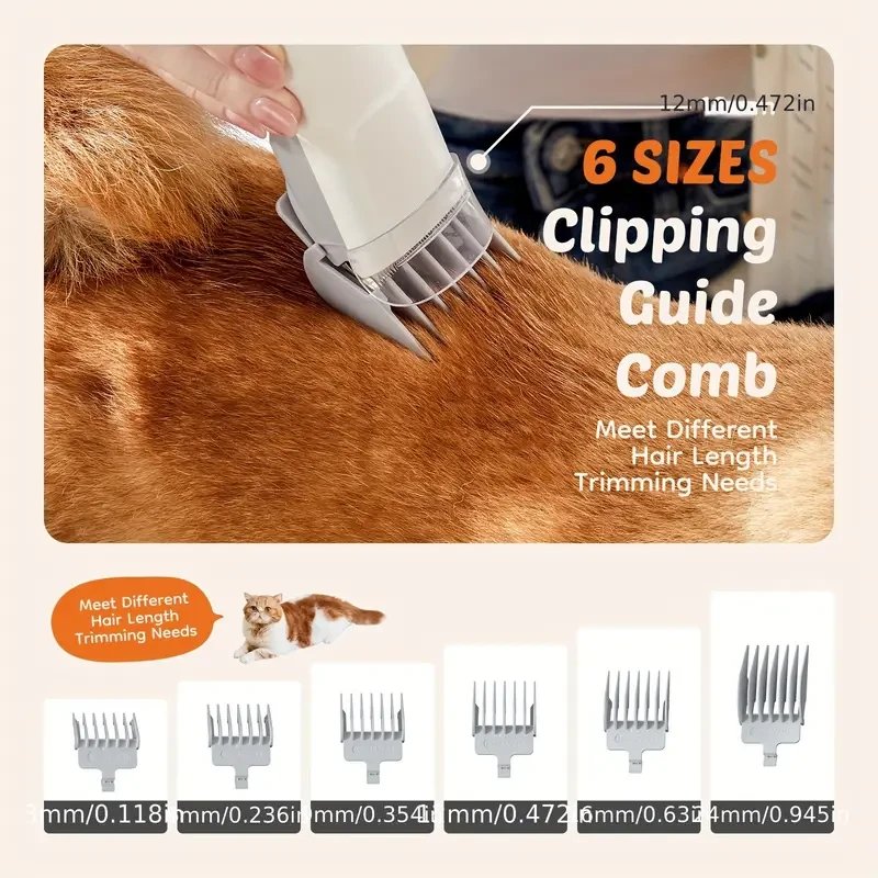 Kit de aspiradora para el cuidado de mascotas 5 en 1: cortapelos profesional con 6 peines guía y potente succión para el 99 % del pelo de las mascotas.