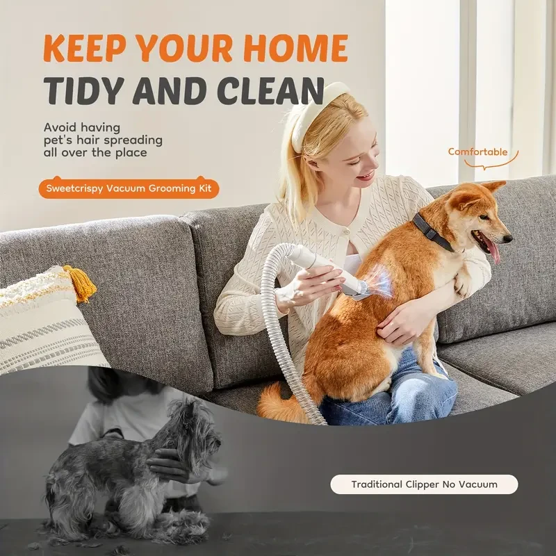 Kit de aspiradora para el cuidado de mascotas 5 en 1: cortapelos profesional con 6 peines guía y potente succión para el 99 % del pelo de las mascotas.