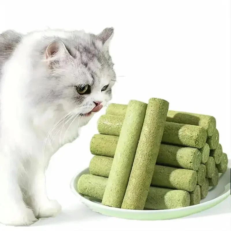 Palitos de dentición de hierba para gatos para controlar las bolas de pelo - Premio natural para el cuidado dental de gatos con sabor a pollo