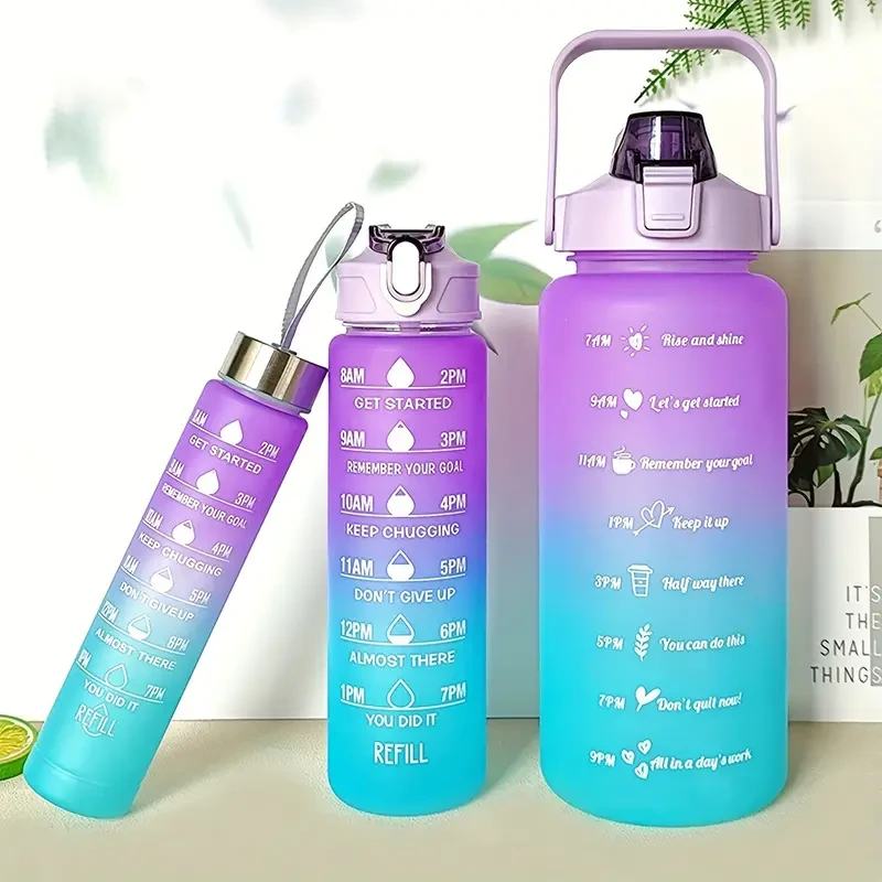 Juego de botellas de agua motivacionales: 64 oz, 21 oz y 8 oz, a prueba de fugas, sin BPA y con marcador de tiempo.