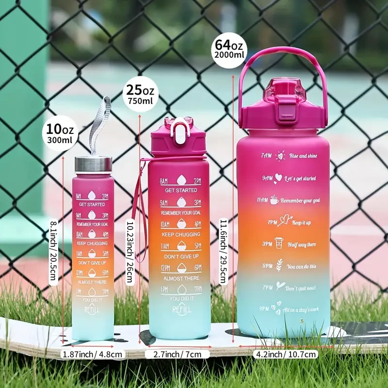Juego de 3 botellas de agua con degradado: sin BPA, a prueba de fugas y con marca de tiempo