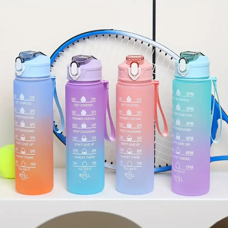 Botella de agua motivacional con degradado de color: marcador de tiempo, diseño a prueba de fugas y pegatinas divertidas.