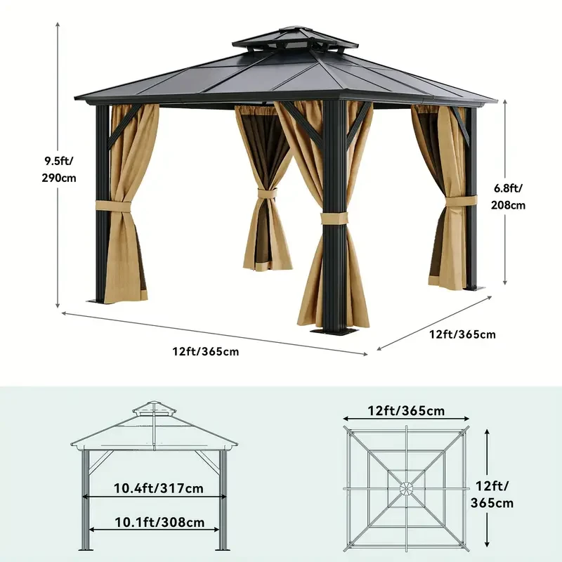 Gazebo Balconera - Techo rígido de policarbonato con doble cubierta, red y cortinas de sombra, estructura de aluminio (3 x 3,6 m, 3,6 x 3,6 m, 3,6 x 4,2 m, 3,6 x 4,8 m)
