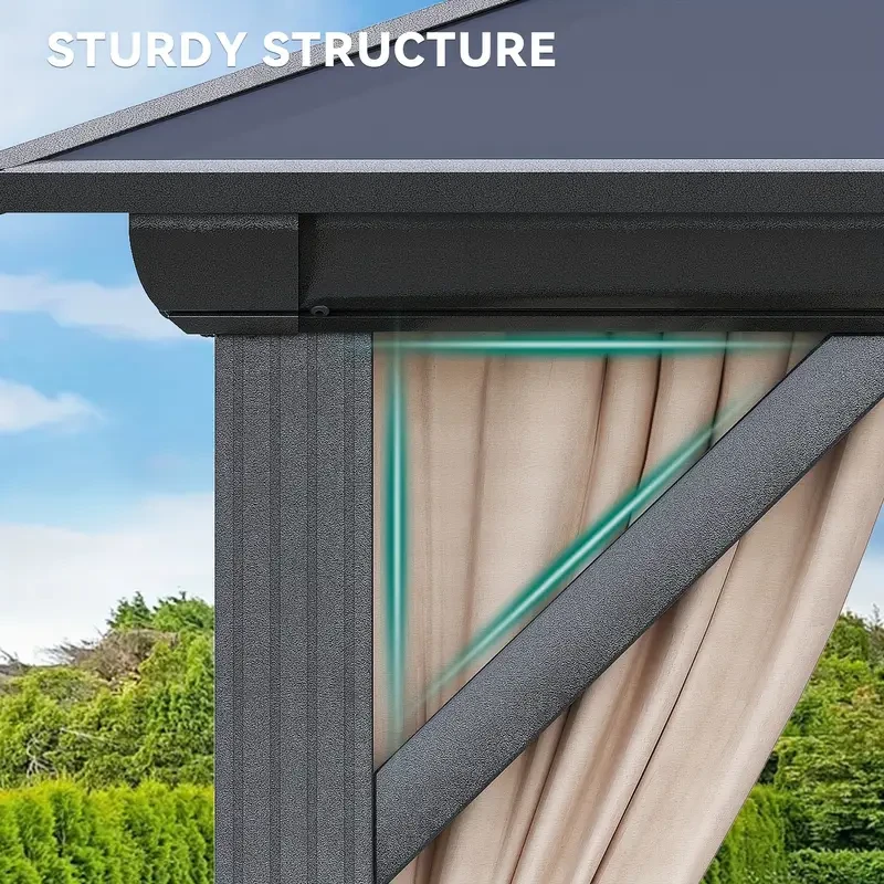 Gazebo Balconera - Techo rígido de policarbonato con doble cubierta, red y cortinas de sombra, estructura de aluminio (3 x 3,6 m, 3,6 x 3,6 m, 3,6 x 4,2 m, 3,6 x 4,8 m)