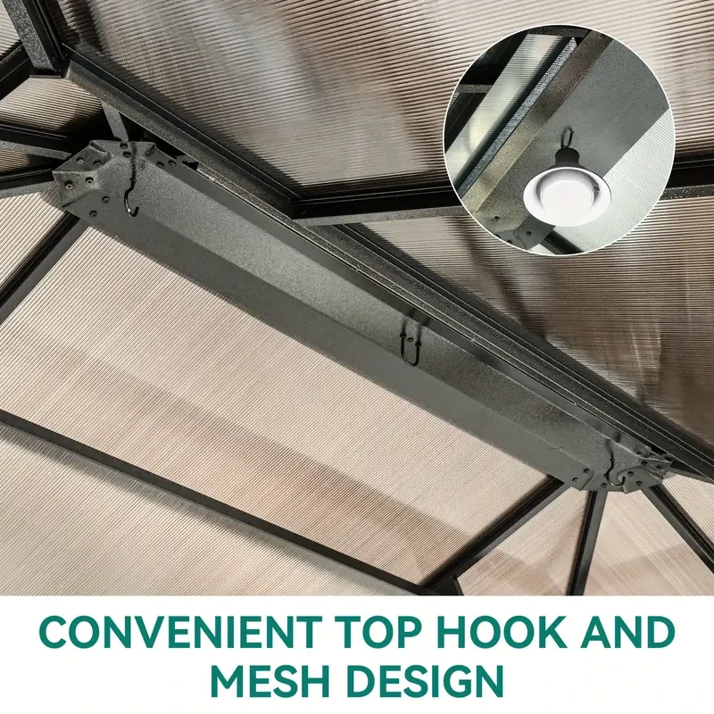 Gazebo Balconera - Techo rígido de policarbonato con doble cubierta, red y cortinas de sombra, estructura de aluminio (3 x 3,6 m, 3,6 x 3,6 m, 3,6 x 4,2 m, 3,6 x 4,8 m)