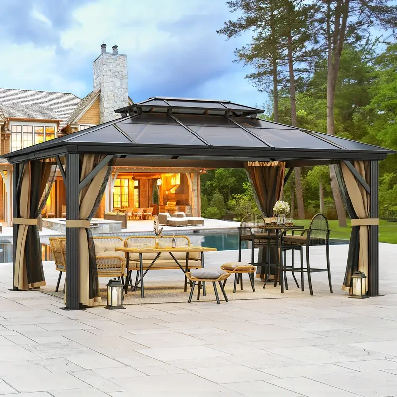 Gazebo Balconera - Techo rígido de policarbonato con doble cubierta, red y cortinas de sombra, estructura de aluminio (3 x 3,6 m, 3,6 x 3,6 m, 3,6 x 4,2 m, 3,6 x 4,8 m)