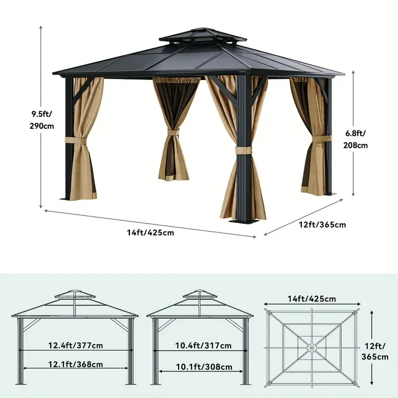 Gazebo Balconera - Techo rígido de policarbonato con doble cubierta, red y cortinas de sombra, estructura de aluminio (3 x 3,6 m, 3,6 x 3,6 m, 3,6 x 4,2 m, 3,6 x 4,8 m)