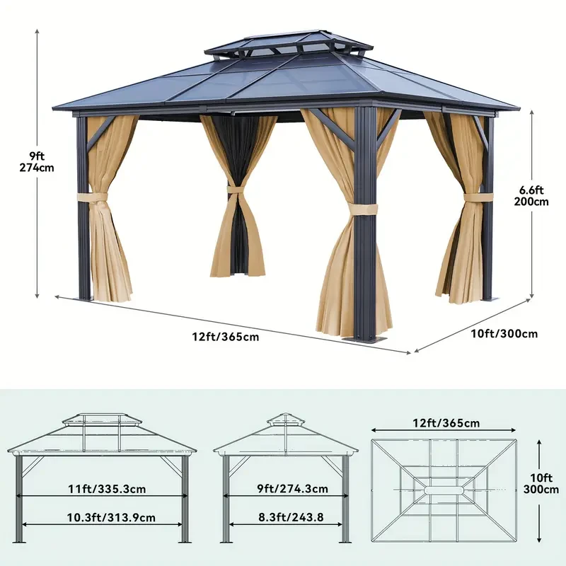 Gazebo Balconera - Techo rígido de policarbonato con doble cubierta, red y cortinas de sombra, estructura de aluminio (3 x 3,6 m, 3,6 x 3,6 m, 3,6 x 4,2 m, 3,6 x 4,8 m)