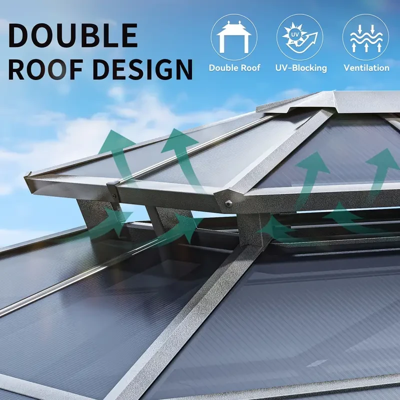 Gazebo Balconera - Techo rígido de policarbonato con doble cubierta, red y cortinas de sombra, estructura de aluminio (3 x 3,6 m, 3,6 x 3,6 m, 3,6 x 4,2 m, 3,6 x 4,8 m)