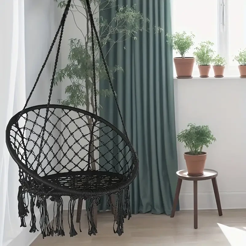 Hamaca colgante de cuerda de algodón con macramé, malla tejida a mano para interior y exterior.