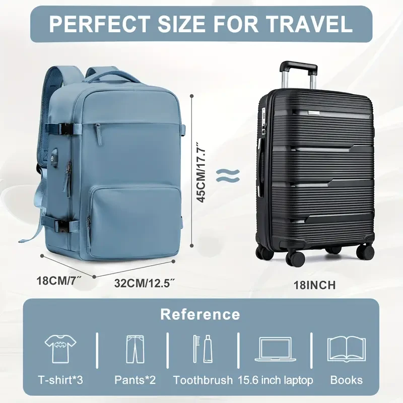 Mochila de viaje portátil e informal con puerto de carga USB y correa para carrito, para hombre y mujer.