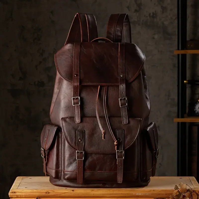 Mochila retro de piel de vaca de capa superior: mochila de viaje moderna de gran capacidad