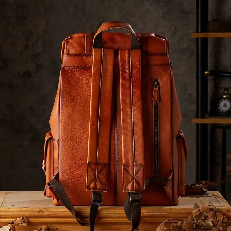 Mochila retro de piel de vaca de capa superior: mochila de viaje moderna de gran capacidad