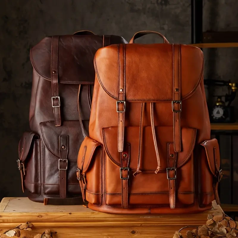 Mochila retro de piel de vaca de capa superior: mochila de viaje moderna de gran capacidad