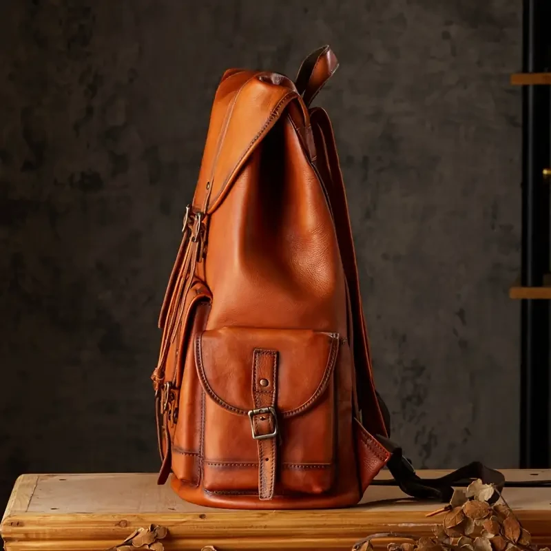 Mochila retro de piel de vaca de capa superior: mochila de viaje moderna de gran capacidad