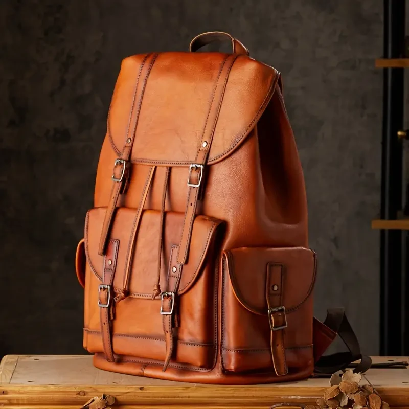 Mochila retro de piel de vaca de capa superior: mochila de viaje moderna de gran capacidad