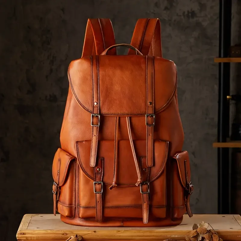 Mochila retro de piel de vaca de capa superior: mochila de viaje moderna de gran capacidad