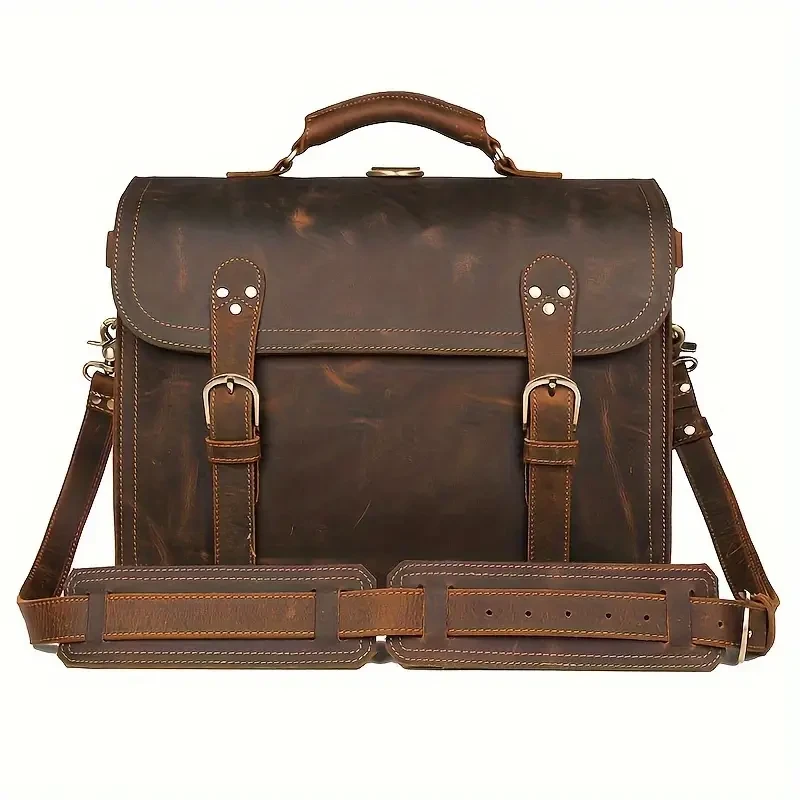 Bolso de ordenador vintage de cuero para hombre: bolso de mano y bandolera de negocios