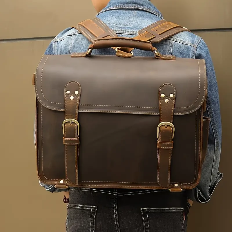 Bolso de ordenador vintage de cuero para hombre: bolso de mano y bandolera de negocios
