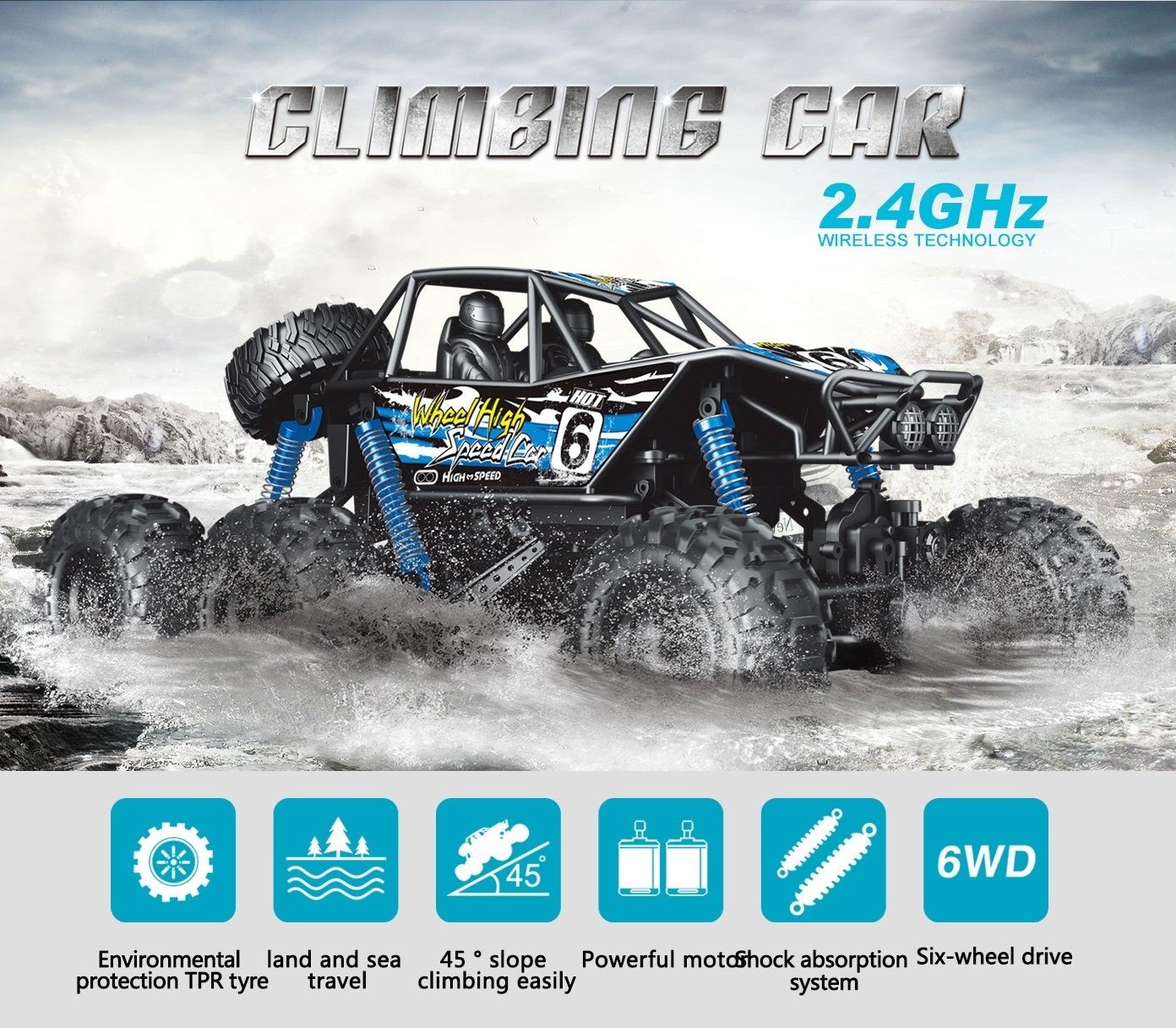 Coche RC de 6 ruedas con control remoto, impermeable, escala 1:8, súper grande, azul