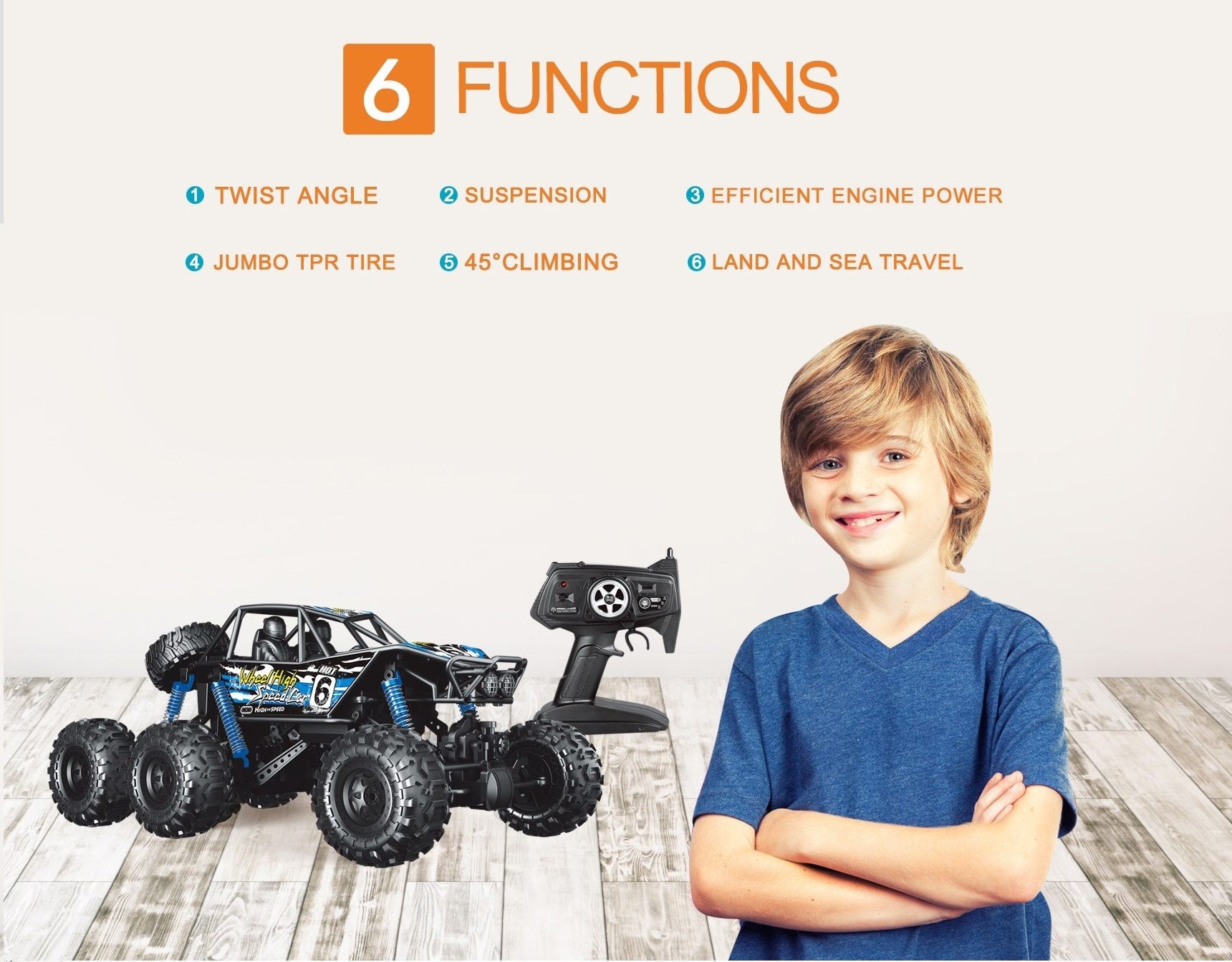 Coche RC de 6 ruedas con control remoto, impermeable, escala 1:8, súper grande, azul