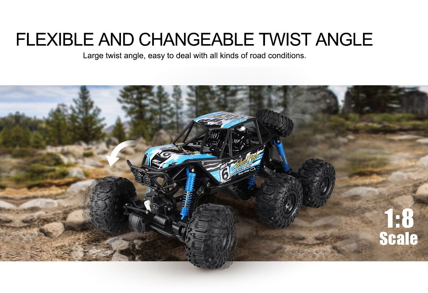 Coche RC de 6 ruedas con control remoto, impermeable, escala 1:8, súper grande, azul