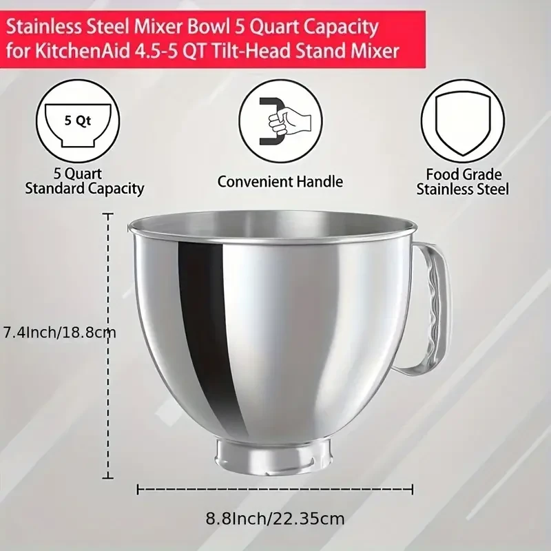 Tazón de acero inoxidable compatible con KitchenAid - 4,5 y 5 cuartos