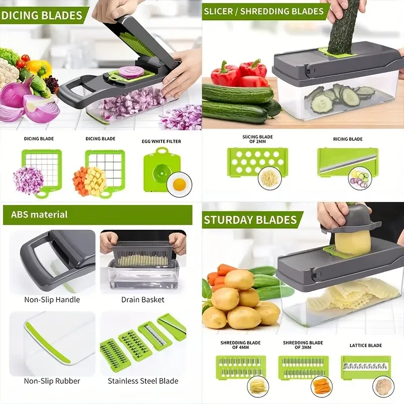 Juego de 15 picadoras de verduras mejoradas: rebanadora de frutas multifuncional y rallador de alimentos con mango.