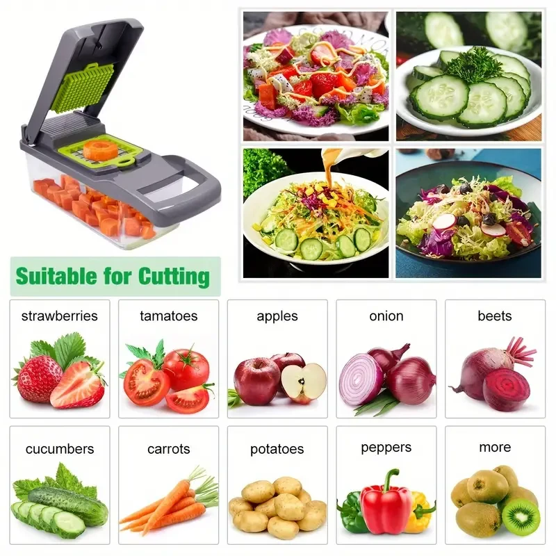 Juego de 15 picadoras de verduras mejoradas: rebanadora de frutas multifuncional y rallador de alimentos con mango.